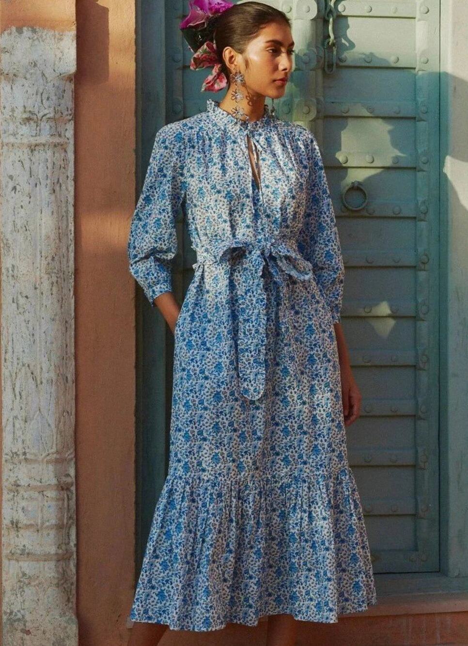 Pink City Prints Tuckernuck Olivia Midi Dress Sky Blue Rose Floral Tie Waist XL